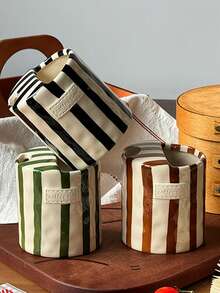 1pc Vertical Striped Ceramic Handled Coffee Mug, Asymmetric Shaped Ceramic Cup, Minimalist European Style, Handmade High Aesthetic Tea Cup, Coffee Mug, Multipurpose, Insulated, Suitable For Home, Restaurant, Cafe, Party And Gift - Multicolor - View 3