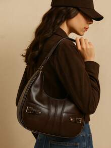 ELLA GRACE- Vintage Brown Crescent Shoulder Bag For Women, PU Leather Biker Style Hobo Purse With Metal Buckle, Retro Work Tote, Gift For Her