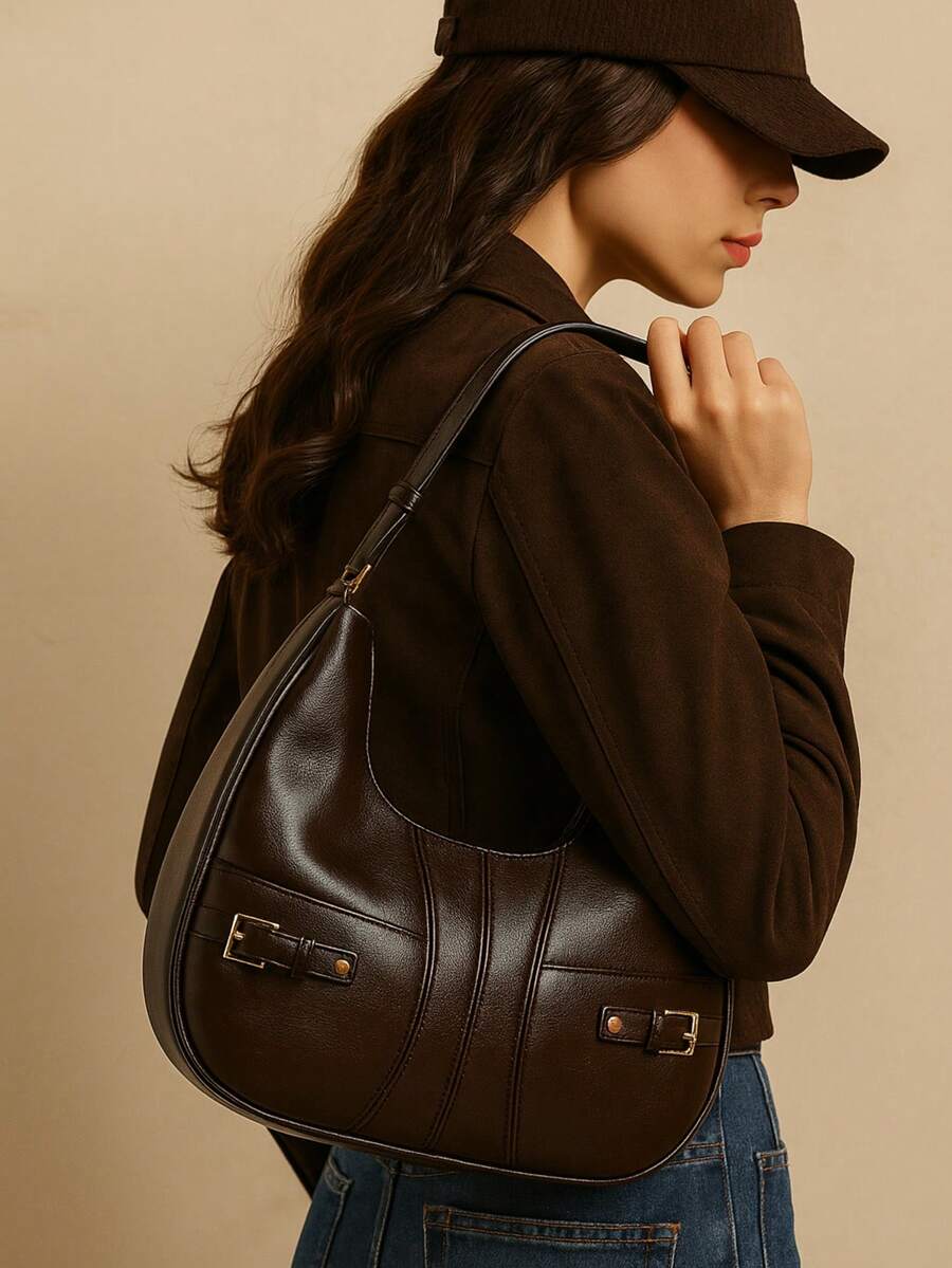 ELLA GRACE- Vintage Brown Crescent Shoulder Bag For Women, PU Leather Biker Style Hobo Purse With Metal Buckle, Retro Work Tote, Gift For Her