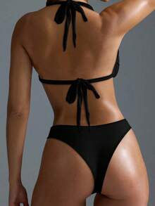 2pcs Sexy Bikini Swimsuit With Ring Chain Link, Beach Vacation - Black - View 4