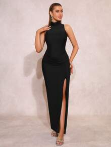 Vestido largo ajustado sin mangas con cuello alto, fruncido y abertura alta en blanco, adecuado para invitados de boda, damas de honor, fiestas de señoras, cenas formales, Navidad y otras ocasiones