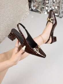 Black Patent Leather Closed Toe Chunky Heel Sandals, New 2026 Spring Autumn Pointed Toe Elegant Office Commute Slip-On High Heel Shoes - Brown - View 2