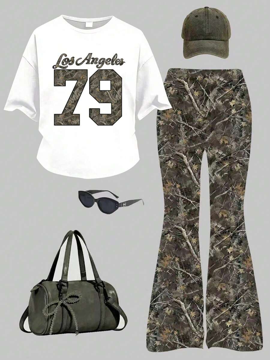 少女字母印花短袖T恤和喇叭裤套装 - 軍綠色 - 查看 1