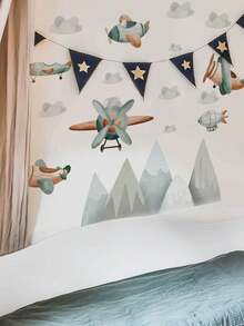 1pc Cartoon Airplane, Spacecraft, Mountain Peak Wall Decal Sticker, Removable Room Decor For Bedroom, Living Room, Kids Room - Light Grey - View 4