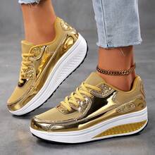 Women's Fashion Breathable Versatile Platform Sneakers, Shiny Running Shoes, Elevator Shoes, Walking Shoes, Women's Gold Athletic Shoes - Gold - View 1