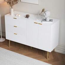 Sideboard, Living Room Cabinet With Doors And Drawers, Interior Shelves, Chest Of Drawers With Gold Handles And Legs - White - View 3