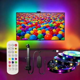 Tira de luz de fondo LED para TV con sensor de color que sincroniza la iluminación con los colores de la pantalla. Incluye un control remoto infrarrojo de 24 teclas, alimentación USB, es flexible, recortable y tiene un respaldo autoadhesivo. Adecuado para televisores, computadoras, salas de juegos, salas de estar, dormitorios y talla grande.