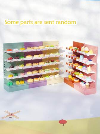 15pcs Assorted Realistic Mini Cake, Bread, Steamer Dim Sum, Breakfast Food Toys, Paired With 1pc 5-Tier Miniature Supermarket Shelf, Suitable For Harvest Festival Decor, Micro Landscape, Photography Props, Random Style & Color, May Sustain Damage During Shipping