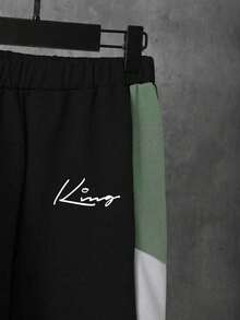 Young Boy Letter Graphic Contrast Color Hoodie Jacket And Sweatpants Casual Outfit - Green - View 5