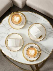 6 Set Of Luxurious Gold-Trimmed Ceramic Tea Set With Coffee Cup And Saucer, Dishwasher . Ideal For Home Kitchen, Table Decoration, Afternoon Tea, Coffee Drinking, Personalized Gifts, Kitchen Accessories, Ramadan, Parties, Birthdays, Weddings, And Dinner Parties.Valentines Gift For Him,Valentines Gift - White - View 5