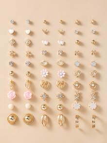60pcs Fashion Metal Butterfly, Heart, Rhinestone, Moon, Bow Knot, Flower Stud Earrings Set, Jewelry Gift, Suitable For Daily Wear - Multicolor - View 7