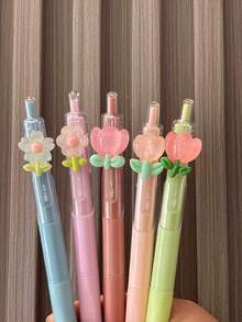 1 支/5 支速干郁金香花圆珠笔、记号笔、黑色墨水按压笔、高品质少女透明笔、卡通按压笔、办公和学校用品、返校必备（颜色随机）