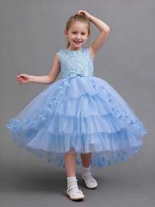 新款女童公主裙，演出服，派对礼服，特殊场合礼服，薄纱网纱公主裙，优雅可爱女童裙 - 淺色水洗藍 - 查看 7