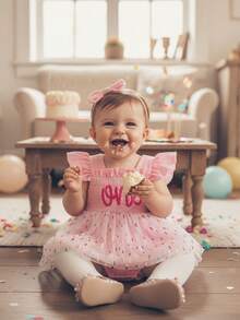Baby Girl 1st Birthday Clothes One Year Old Tulle Romper Flying Sleeve Bodysuit Cake Smash Outfits - 粉色 - 查看 2