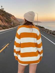 2025秋冬女式休闲条纹圆领宽松套头毛衣，百搭修身