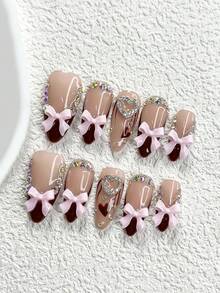 10Pcs French Style Handmade Press On Nail,Polygel Nail Set,Featuring Rhinestones,Pink Bows,Brown Nail Polish,Sweet,Edgy Style,Includes Nail Tools,3 Sizes Available,Almond,Duck,Coffin Nails For Party,Dance,Daily Wear. - 彩色 - 查看 3