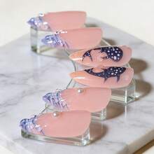 24 PCs Dolphin 3D Wearable Nails Removable Reusable Nail Stickers Special-Interest Design 3D Dolphin Glitter Nails Daily Commute Dating Party Photo Accessories European And American Style Girlfriend Valentine's Day Birthday Gift - 藍色 - 查看 2