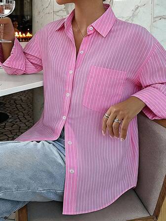 Look Polly Women's Elegant Dress Women Pink Striped Long Sleeved Shirt, Single Breasted Casual Fashion, Spring And Summer Women's Clothing, With Pocket Design, Back To School Season Clothing, Retro Style Women's Striped Shirt Set