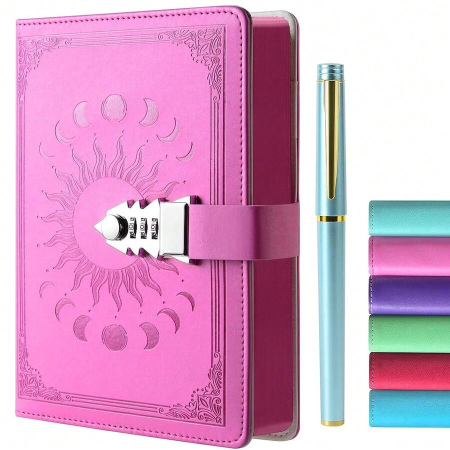 ZXHQ Tagebuch mit Schloss für Männer, Frauen und Jugendliche - A5 Notizbuch mit Stift Set Nachfüllbares Leder Journal mit Buntem Seitenrand A5 Größe (21x15cm)-5608 - Rosa - Übersicht 1