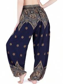 Women's Harem Pants - Boho Elephant High-Waisted Hippie Pants With Pockets Yoga, 2025 Style FWN8 - 深藍色孔雀花 - 查看 11