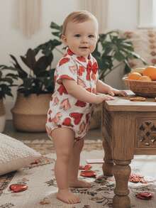 Baby Boy Valentine's Day Romper Short Sleeve Heart Print Bow Tie Button-down Summer Bodysuit - Rosa - Ver 7