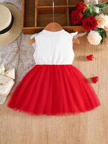 1-3岁女童春夏新款红白荷叶边领蝴蝶结网纱连衣裙，无袖甜美公主裙 - 紅色 - 查看 3