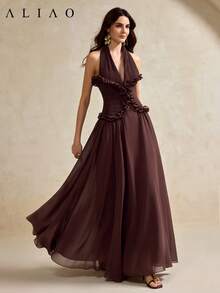 Aliao Elegant Ruffled Hem Spaghetti Strap Maxi Dress, Brown, Suitable For Wedding, Formal Party, Outing Summer - Dark Brown - View 4
