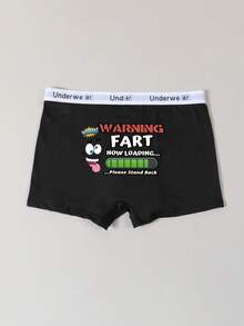 男士黑色印花平角内裤，笑脸、字母图案，弹力日常内裤 - 黑色 - 查看 4