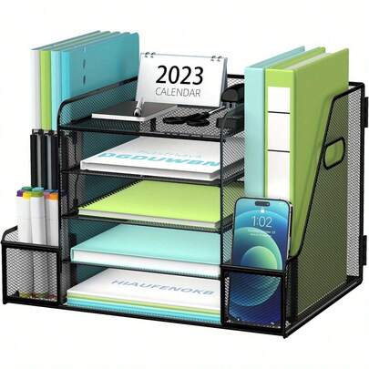 5-Tier Paper Tray Organizer With Magazine Rack, Mesh File Rack, Suitable For Desktop Storage In Homes, Offices,Back To School,School Supplies