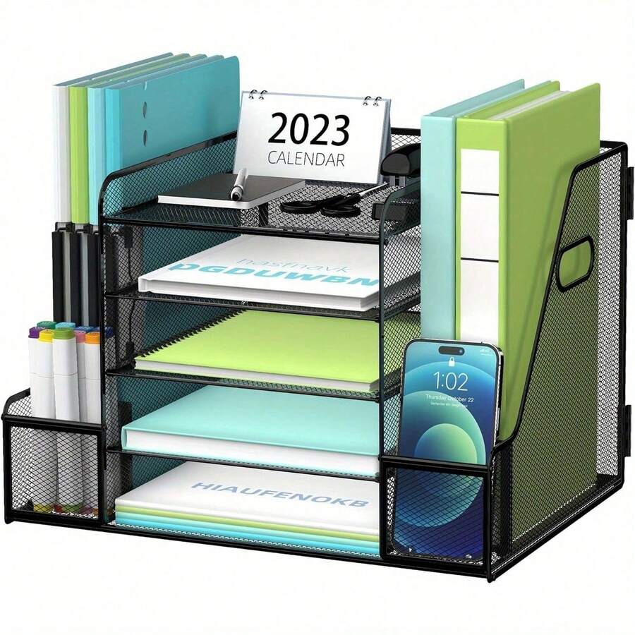 5-Tier Paper Tray Organizer With Magazine Rack, Mesh File Rack, Suitable For Desktop Storage In Homes, Offices,Back To School,School Supplies - Negro - Ver 1