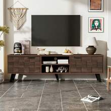 Modern TV Stand With Two Doors And Two Open Compartments, Dark Wood Grain - 160.5 X 35.5 X 45 Cm - Mocha Brown - View 7