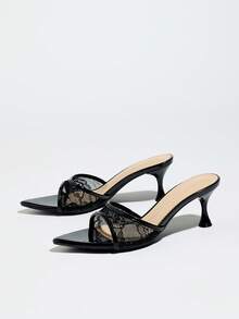 女士优雅穆勒凉鞋 - 蕾丝网面，经典套脚款，性感收腰设计，宽鞋面，尖头，优雅猫跟，酒杯跟，低跟鞋，春夏时尚之选，适合晚宴、T台走秀、休闲、居家、户外、旅行、职场等场合，高端品质，镜面抛光，透气蕾丝质感，精致黑色高跟凉鞋 - 黑色 - 查看 6