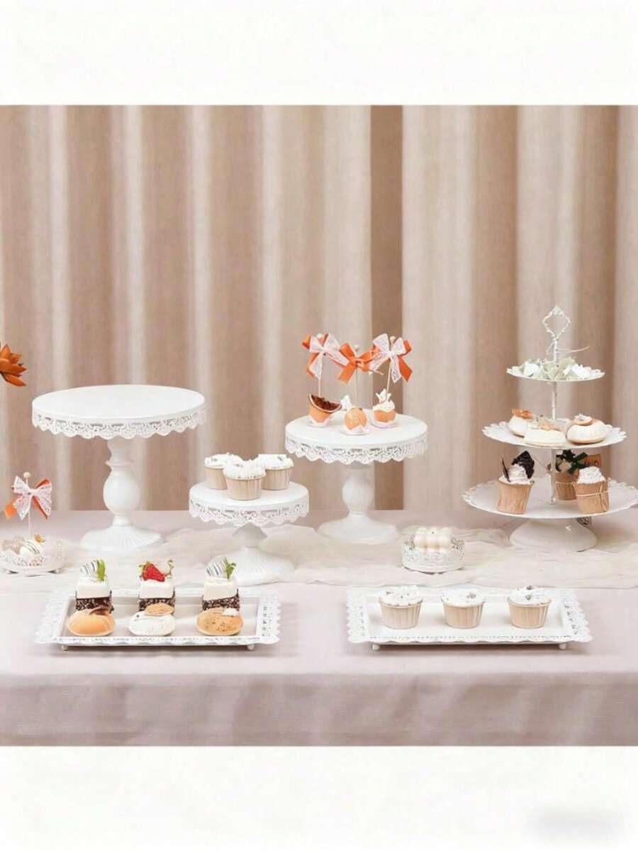 8-Piece Dessert Table Display Set: Romantic Golden Round Cake Stand & Cupcake Tower For Birthday Parties, Weddings & Baby Showers, Dessert Table Display Set,Food Display Stands,Home Decor - White - View 1