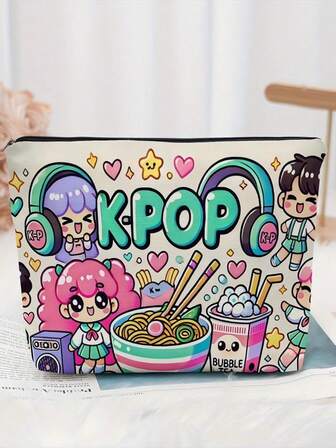K-Pop Fan, Cute Cartoon Print Makeup Bag, Multi-Functional Reusable Cosmetic Storage Pouch, Women's Holiday Gift Makeup Bag, Colorful Kpop Illustration Lightweight Foldable Makeup Bag, Travel Toiletry Bag, Zipper Pouch