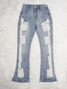 Y2K Streetwear Distressed Hollow Pocket Slim Fit Flare Jeans - Light Wash - View 1
