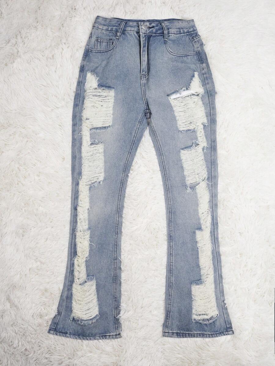 Y2K Streetwear Distressed Hollow Pocket Slim Fit Flare Jeans - Light Wash - View 1