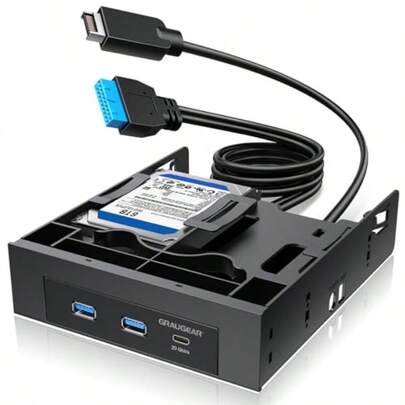 5.25 Inch Internal USB Hub Front Panel USB‑C 20Gbps + 2X USB‑A 5Gbps Dual 2.5″ SSD/HDD Bays Fits 5.25″ Bay USB 3.2 A-Key 20-Pin And USB3.0 19‑Pin Headers PC Case Desktop Expansion