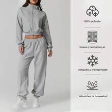 Conjunto de Sudadera para Mujer, Conjuntos Casuales para Mujer Invierno, sudadera de pierna ancha, pantaln deportivo, verstil y duradero, adecuado para uso diario, trote matutino, viajes cortos - M + Gris - Ver 6