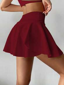 高腰白色网球裙裤，二合一防闪光高尔夫/羽毛球/健身短裙，带口袋，夏季运动裙裤，适合瑜伽、户外跑步，新款女装 - 酒紅色 - 查看 3