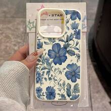 1 pieza Funda de teléfono de material TPU con delicado patrón floral azul y blanco, compatible con iPhone 17 Pro Max/17/16 Pro Max/15/13/12/11, S20 FE/A15/S24/A55, compatible con Redmi Note 11/Note 12/Note 13 Pro, cobertura completa, protección suave anti-caídas - Blanco - Ver 1