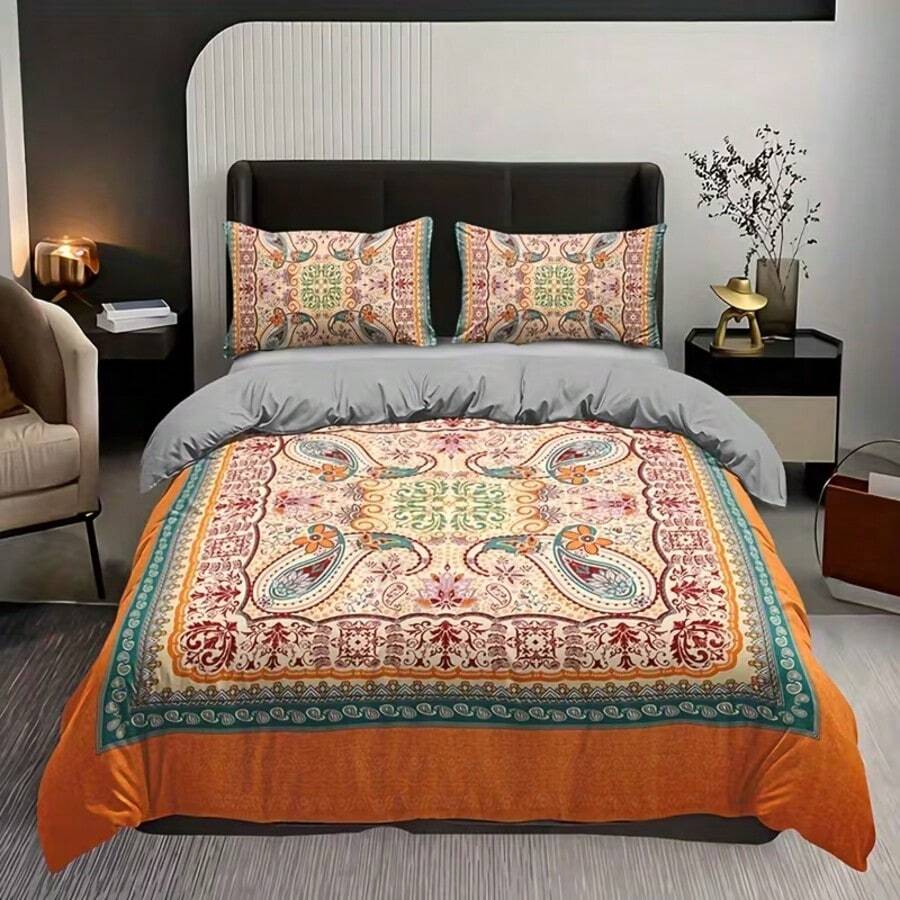 3pcs Bohemian Style Printed Duvet Cover Set, Featuring Symmetrical Paisley Pattern (Paisley) As The Main Design, Blending Floral And Geometric Patterns, Reflecting The Characteristics Of Multicultural Fusion, (1 Duvet Cover + 2 Pillow Shams, No Insert), Suitable For Bedroom And Guest Room Bedding Decoration - Multicolor - View 1