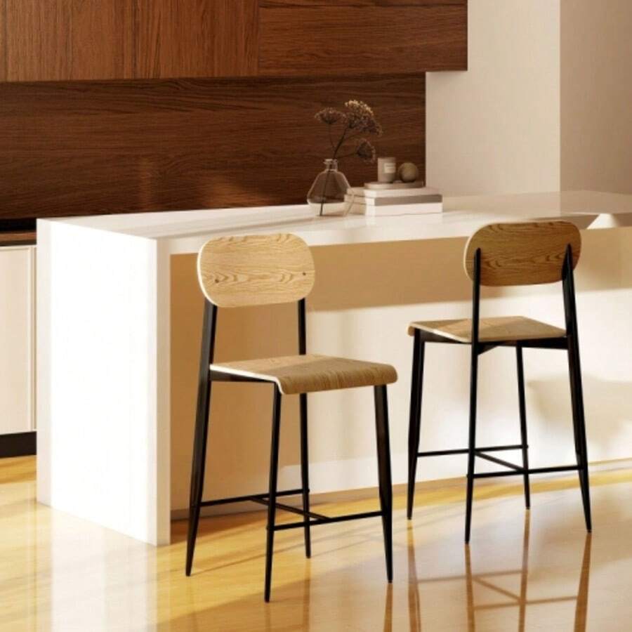 Homcom Bar Stool Set With Footrest, Metal Frame Bar Chair With Adjustable Seat Height, Easy-To-Assemble Kitchen Chair, Industrial Design Bar Chair In Natural Wood And Black. - Khaki - View 1
