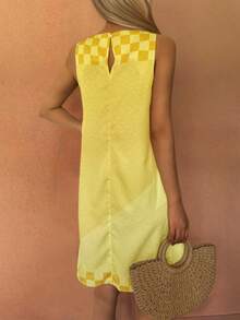 Sea Starshine Bohemian Style Summer Beach Casual Vacation Comfortable Women Lemon Cup Letter Contrast Plaid Leaf Pattern Sleeveless Dress, Brunch Outfit - Yellow - View 4