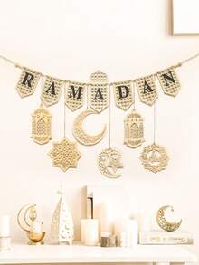 一套斋月木质横幅装饰，伊斯兰灯笼月亮星星装饰套装，斋月字母标志，新月星图案，开斋节元素，节日家居装饰，斋月祝福墙饰，适用于客厅、窗户、门、入口、派对庆祝活动、斋月节装饰，波西米亚风格节日氛围点缀，斋月墙面展示 - 彩色 - 查看 10
