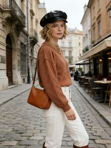 Women's Solid Color Casual Knit Ribbed Sweater, Autumn/Winter - Brown - View 2