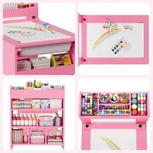 Mesa de arte infantil de 49 pulgadas, mesa grande para manualidades con 2 sillas, computadora de arte multifuncional con estantes de almacenamiento para habitación de los niños, jardín de - Rosa - Ver 3