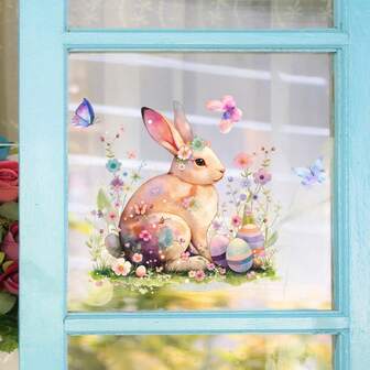 Pegatinas de ventana con diseño encantador de conejo de primavera - Calcomanías autoadhesivas de PVC para el hogar, la oficina, la escuela, exhibiciones de fiestas, con diseño divertido de conejo y flores y huevos de colores - Decoración festiva de ventana, decoración de Pascua