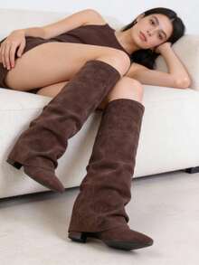 Y2K Style Women's Fold Over Boots Slouch Knee High Boots For Women Wedge Heel Pointed Toe Tall Boot, Wide Calf, Pull-On Shark Boots - Da lộn màu nâu - Xem 2