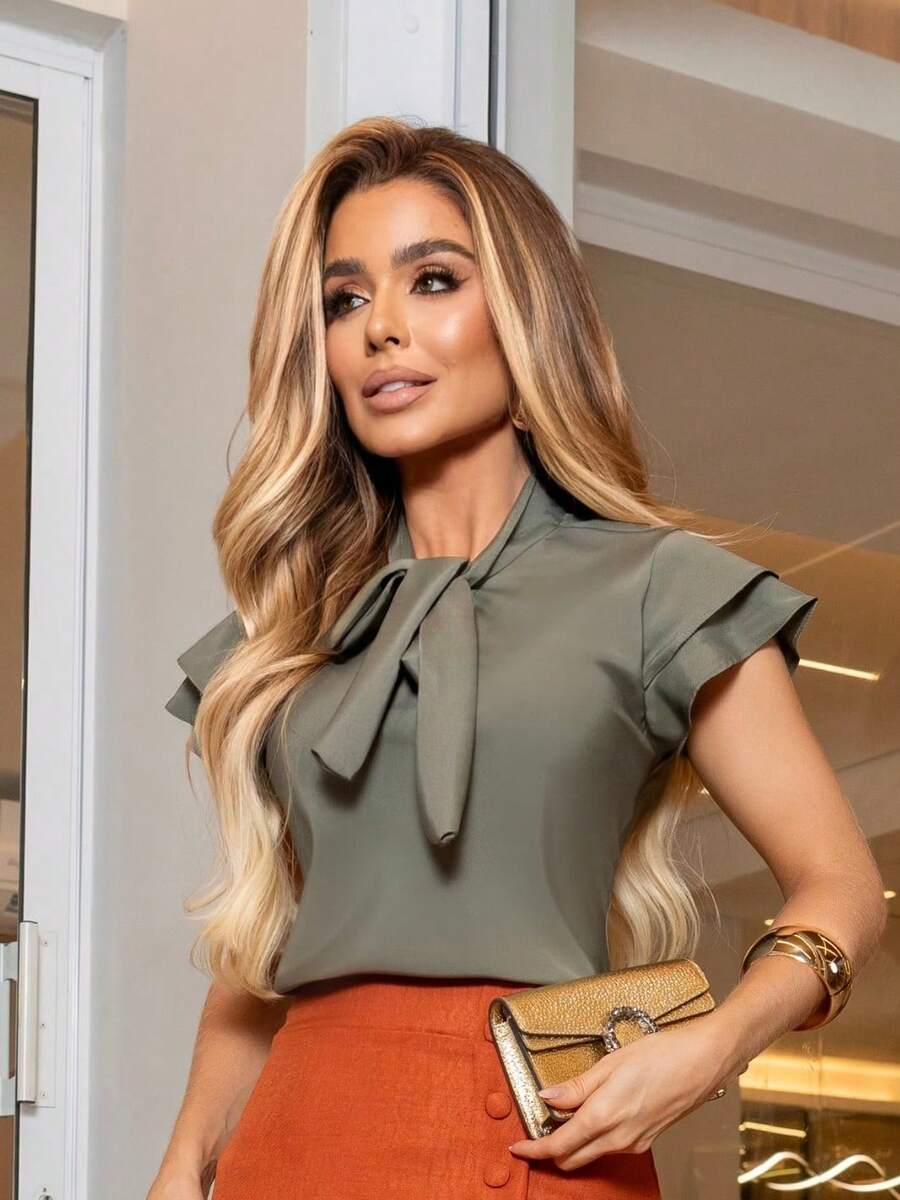 Women's Blouse With Sleeves, Tie, Christian Fashion, Social Executive, Premium Modern - Màu xanh lá cây hồ trăn - Xem 1