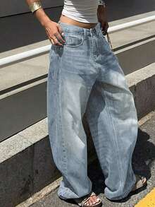 青少年时尚直筒宽松休闲牛仔裤 - 淺色水洗藍 - 查看 4